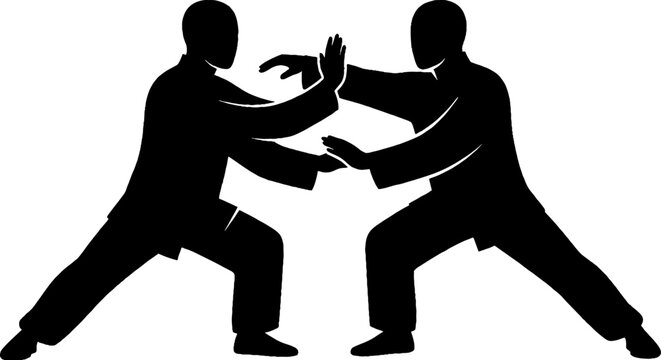 Two martial artists practicing traditional kung fu moves.