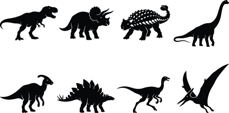 Prehistoric dinosaurs and flying pterodactyl silhouette vector icon set featuring tyrannosaurus rex triceratops ankylosaurus brachiosaurus parasaurolophus stegosaurus 