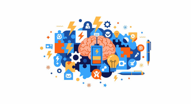 Creative Brainstorming and Mental Power Concept Vector Illustration; Human Mind Productivity with Energy, Innovation, and Problem Solving Icons