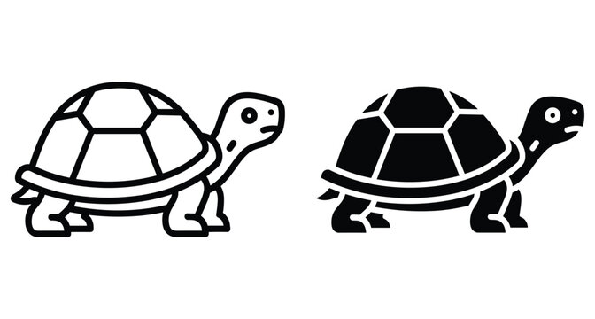 Turtle icon set featuring outline and solid black glyph styles of a tortoise for nature wildlife and animal design projects