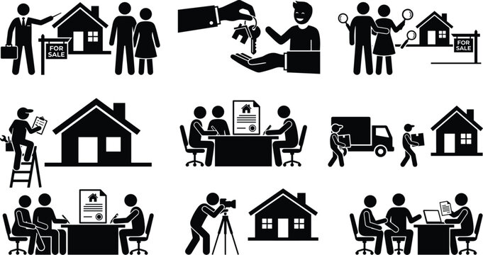 Real estate process and home buying icons set featuring house keys mortgage agreement moving truck property inspection and contract signing pictograms