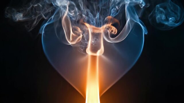 Abstract smoke forms a glowing heart shape with orange fire rising through the center swirling blue mist against a dark black background creating an evocative symbol of passion romance and love