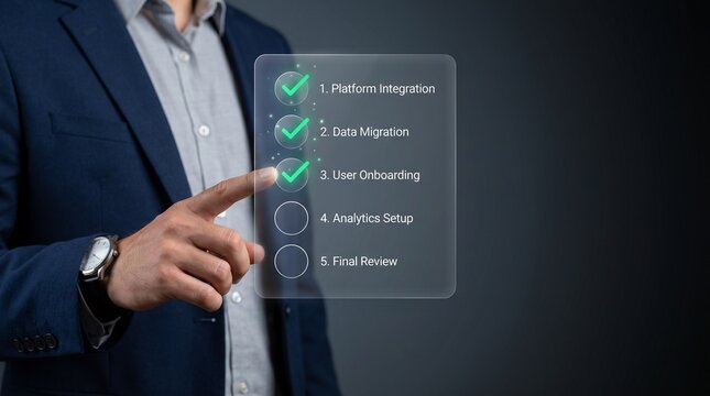 Businessman touching virtual screen with checklist of software implementation steps like platform integration, data migration, and user onboarding