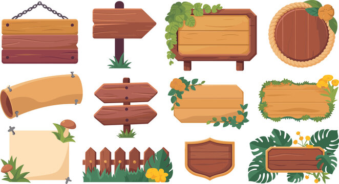 Wooden sign board and arrow pointer vector icon set with blank timber planks, hanging chains, fences, ivy leaves, and tropical foliage for game designs,