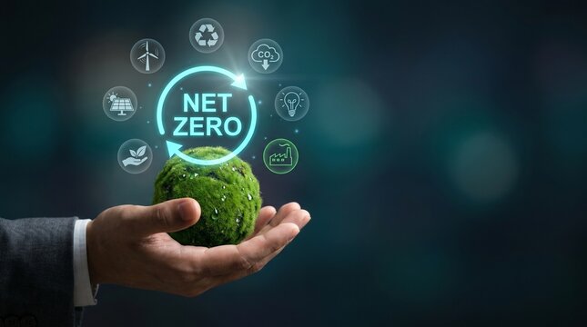 Net zero carbon emissions concept with a businessman holding a green mossy globe in hand with sustainable energy icons, environmental protection, and climate change mitigation