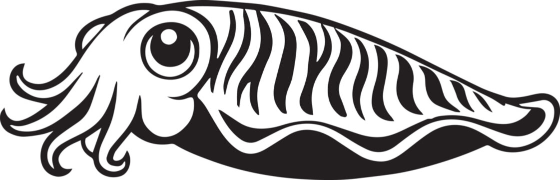 Stylized cuttlefish with bold striped mantle and curling tentacles, retro marine mascot emblem black and white vector illustration
