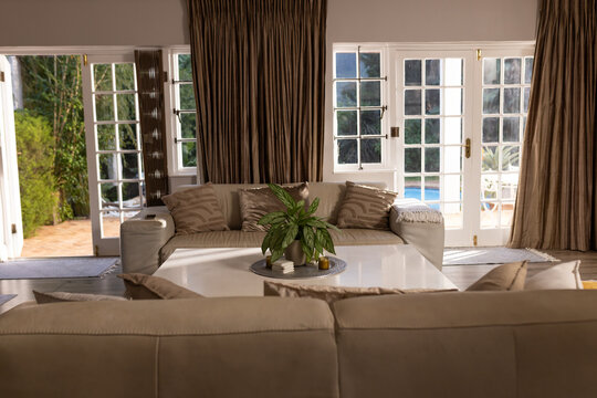 White rectangular coffee table is holding round tray and potted green plant in sunny living room