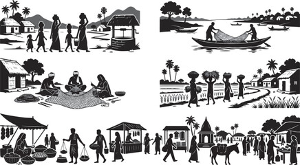 Obraz premium South Asian rural village life scenery and traditional culture silhouette vector set