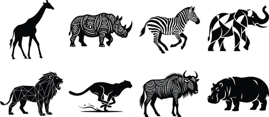 Set of black and white African safari animal icons featuring giraffe, rhinoceros, zebra, elephant, lion, cheetah, wildebeest, and hippopotamus © ORCHONA