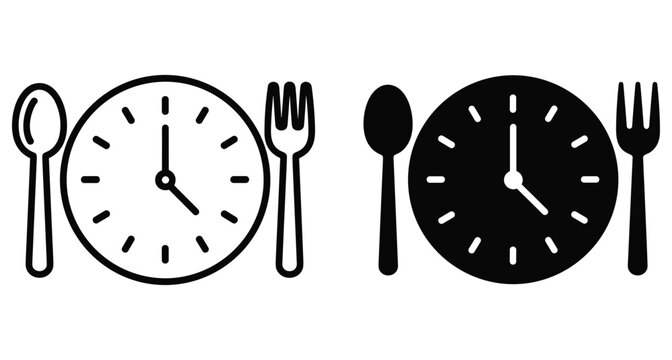 Clock plate icon set with spoon and fork representing meal time lunch break dinner schedule intermittent fasting and eating habits