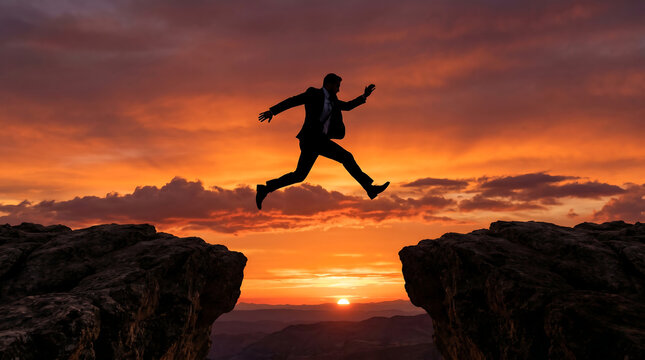 Silhouette businessman jumping across wide gap between rocky cliff edges over mountain landscape during bright dramatic sunset sky overcoming business challenge.