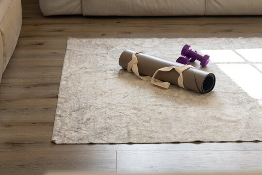 Rolled taupe mat and purple dumbbells are resting on beige rug by sofa in sun patch