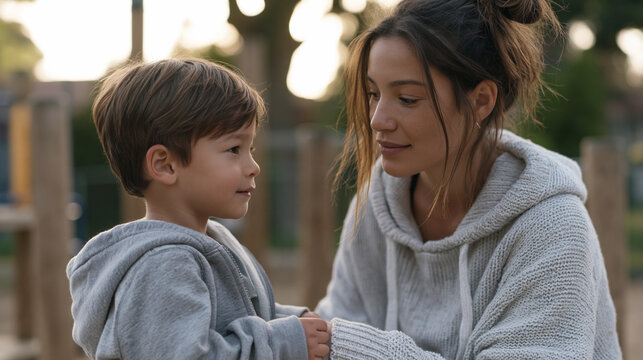 Mother crouching to eye level with her preschool-aged son at a playground, calmly holding his wrists and speaking to him after a meltdown, her steady and patient expression