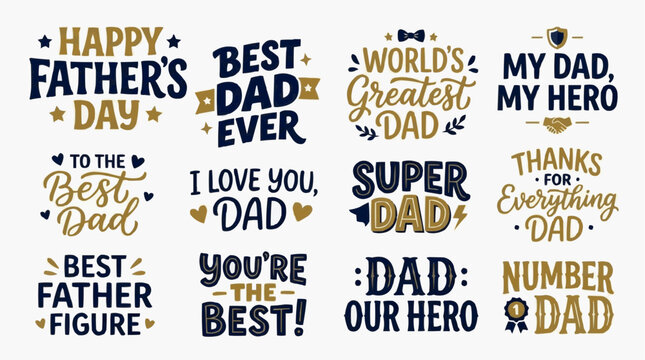 Colorful Father's Day celebration messages and quotes with gold and black typography vector illustration