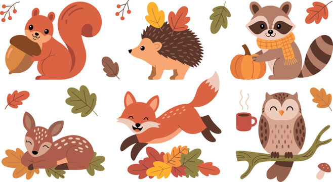 Cute autumn woodlwoodland animal vector character set with cartoon squirrel, hedgehog, raccoon, deer, fox, and owl for fall season kids designs,