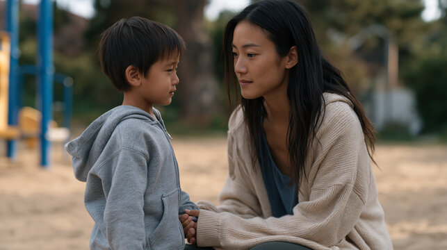 Mother crouching to eye level with her preschool-aged son at a playground, calmly holding his wrists and speaking to him after a meltdown, her steady and patient expression