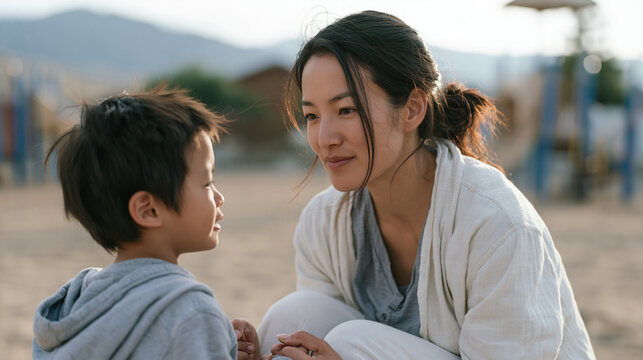 Mother crouching to eye level with her preschool-aged son at a playground, calmly holding his wrists and speaking to him after a meltdown, her steady and patient expression