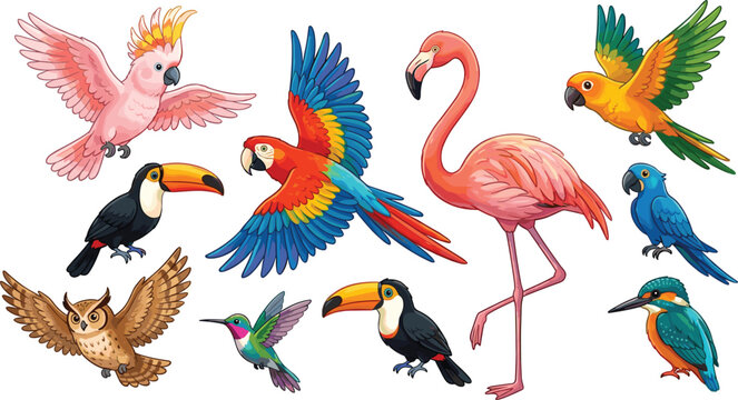 Colorful illustration of various exotic birds