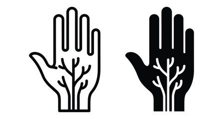 Fototapeta premium Human hand icon with vascular system veins and arteries tree branches anatomy medical symbol outline and solid black vector set