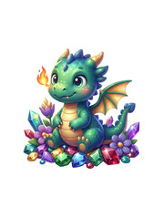 Fototapeta premium Cute Baby Dragon with Crystals and Flowers - Adorable fantasy dragon surrounded by colorful gemstones and blooming flowers, charming magical creature illustration. (AI)