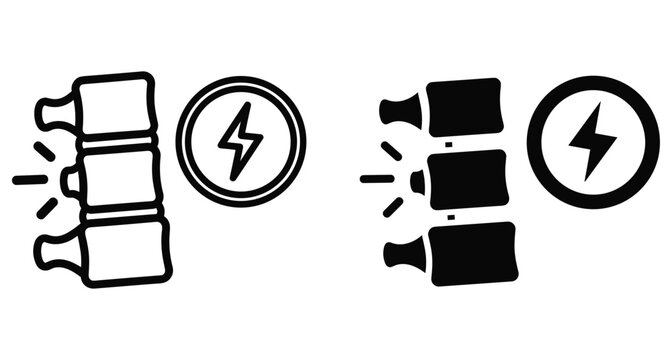 Human spine vertebrae icon set with lightning bolt symbol representing back pain injury inflammation chiropractic treatment spinal health medical care