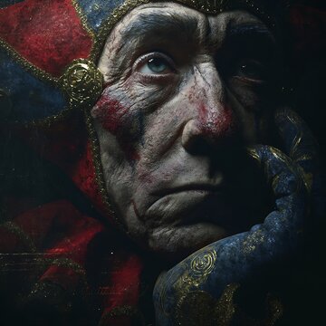 A close-up portrait of a weathered jester with intricate face paint and elaborate costume, expressing deep emotion in dramatic low lighting.
