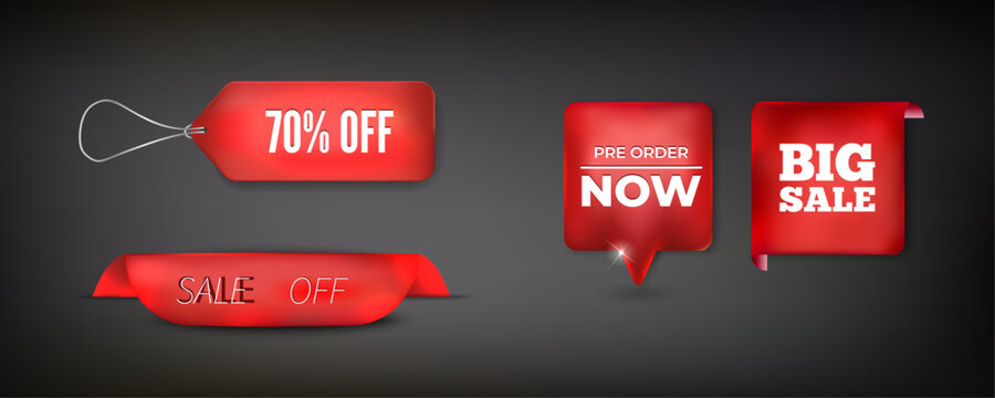 Collection of various promotional red sale tags and banners for retail marketing and e-commerce campaigns.