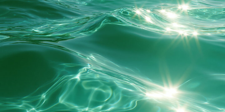 Abstract emerald green liquid waves with bright sparkling reflections and smooth water texture