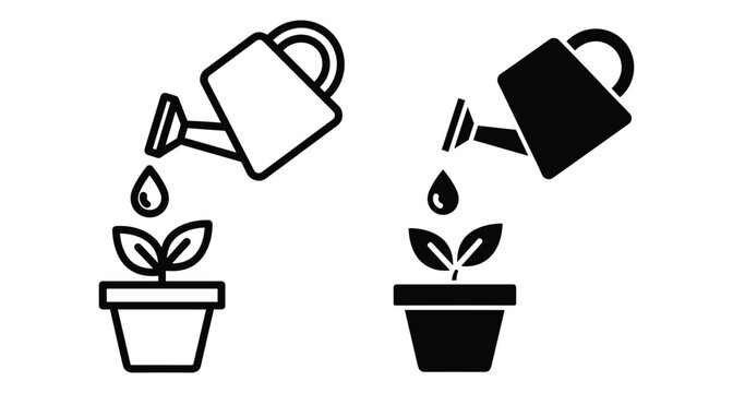 Watering can pouring water drop on small sprout in flower pot icon set with outline and solid black styles