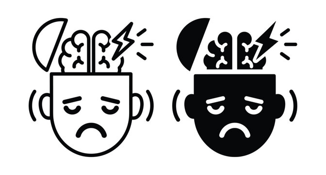 Mental health icon set showing stressed human head with open brain and lightning bolt representing headache migraine depression burnout psychological pressure