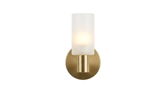 A wall mounted light fixture with a cylindrical frosted glass shade and a brushed brass metal base, isolated on a white background