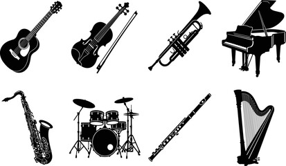 Elegant black silhouettes of diverse musical instruments, including guitar, violin, trumpet, piano, saxophone, drums, flute, and harp © MdALAMIN