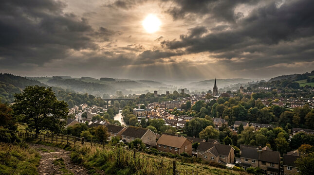 Scenic view of the historic town of knaresborough in north yorkshire, england, under a dramatic sunlit cloudy sky