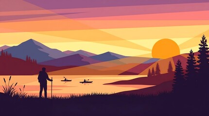 Fototapeta premium A lone hiker stands by a serene lake watching kayakers paddle under a vibrant sunset with distant purple mountain peaks
