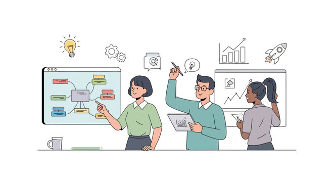 Business people discussing on whiteboard.