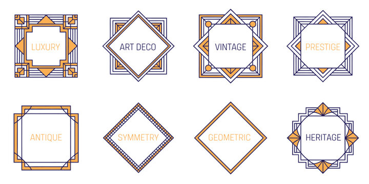 Art Deco geometric frame set vector illustration featuring elegant vintage border designs, ornamental shapes, luxury label elements, and decorative graphic templates for branding and invitations