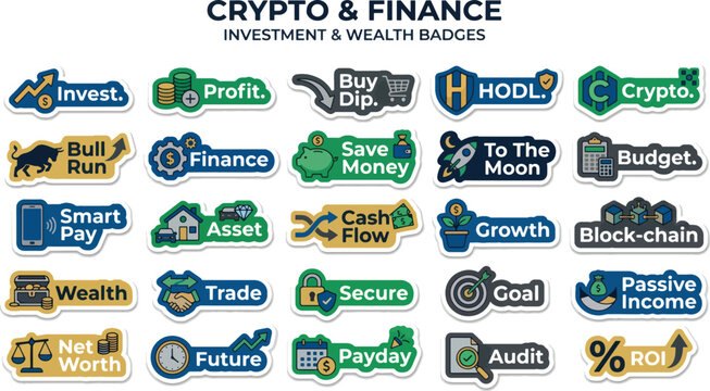 Crypto and Finance Investment Wealth Badges, 25 Modern Financial Vector Stickers, Cryptocurrency Trading Icon Set