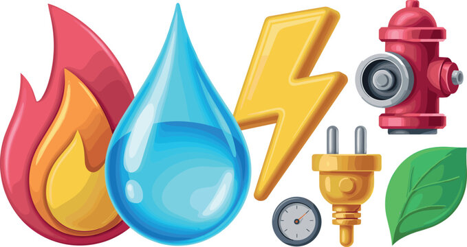 Public utility and rePublic utility and renewable energy vector icon set with fire flame, water drop, lightning bolt, electric plug, and fire hydrant for resource management designs,