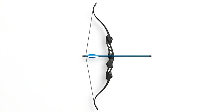Black compound bow with blue arrow on white background
