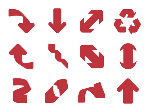 Red 3D arrows vector collection featuring financial growth and decline indicators, navigation UI icons, directional flow symbols, cursor pointers, and modern infographic design elements