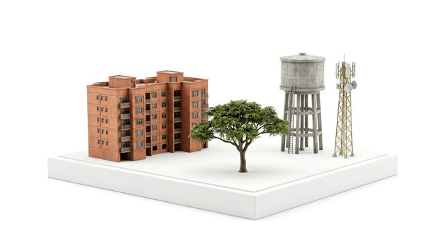 3d render of a small residential complex with a water tower, a telecommunications mast, and a tree isolated on white background