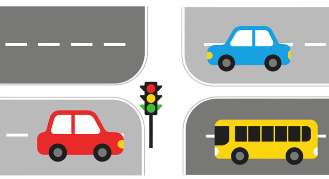 Cartoon Traffic Intersection with Cars, Bus, and Traffic Light