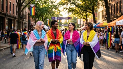 Naklejka premium Diverse young adults wearing pride flags walking through a city street festival celebrating diversity and inclusion