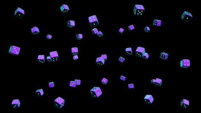 3d dice neon lights random rolling falling loop alpha channel animation, casino gambling game dices isolated motion design element