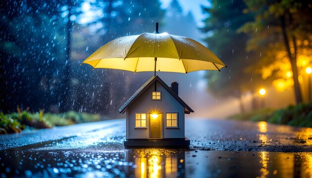 Small house model protected under a large yellow umbrella during a heavy rainstorm on a wet asphalt road at night, symbolizing property insurance and family safety concept.