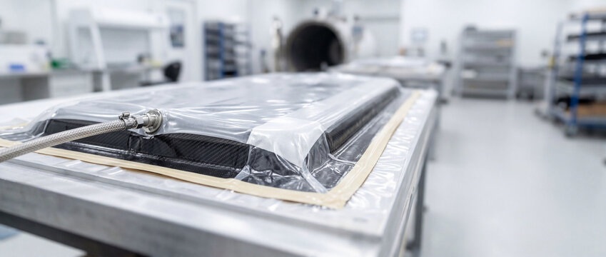 Carbon fiber composite part under vacuum bagging in high-tech manufacturing lab with autoclave background