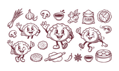 Fototapeta premium Vector rubber hose doodle set of cute dumpling mascots with ingredients elements.