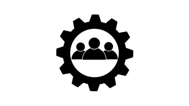 Settings Gear Spinning Animation with Single User Morphing into Group Teamwork Icon, Black Symbol Isolated on White Background, Business Operations and Management Concept