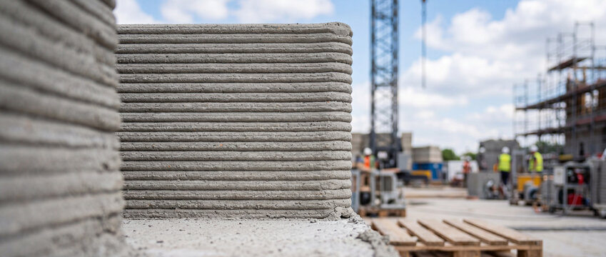 3D printed concrete wall on active construction site with workers and crane in background