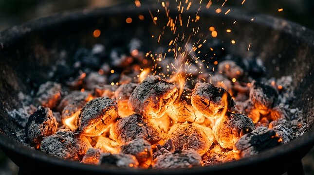 Burning charcoal briquettes in a black grill with vibrant sparks outdoor cooking scene